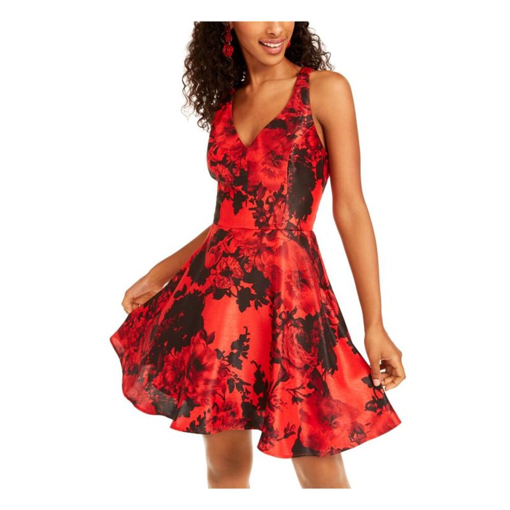 CITY STUDIO Womens Fit + Flare Short Dress  Ruffled Sleeveless V Neck Party